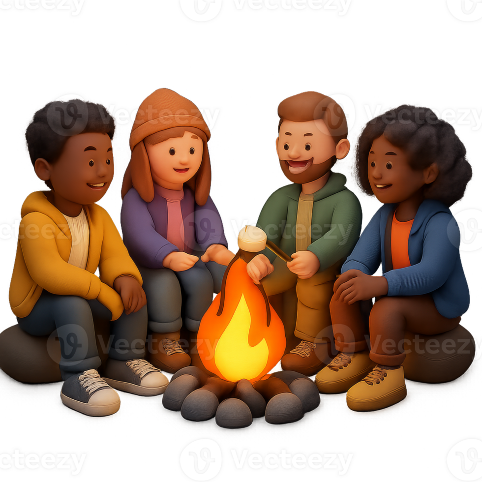 Cozy 3D Campfire Gathering with Friends Around the Fire png