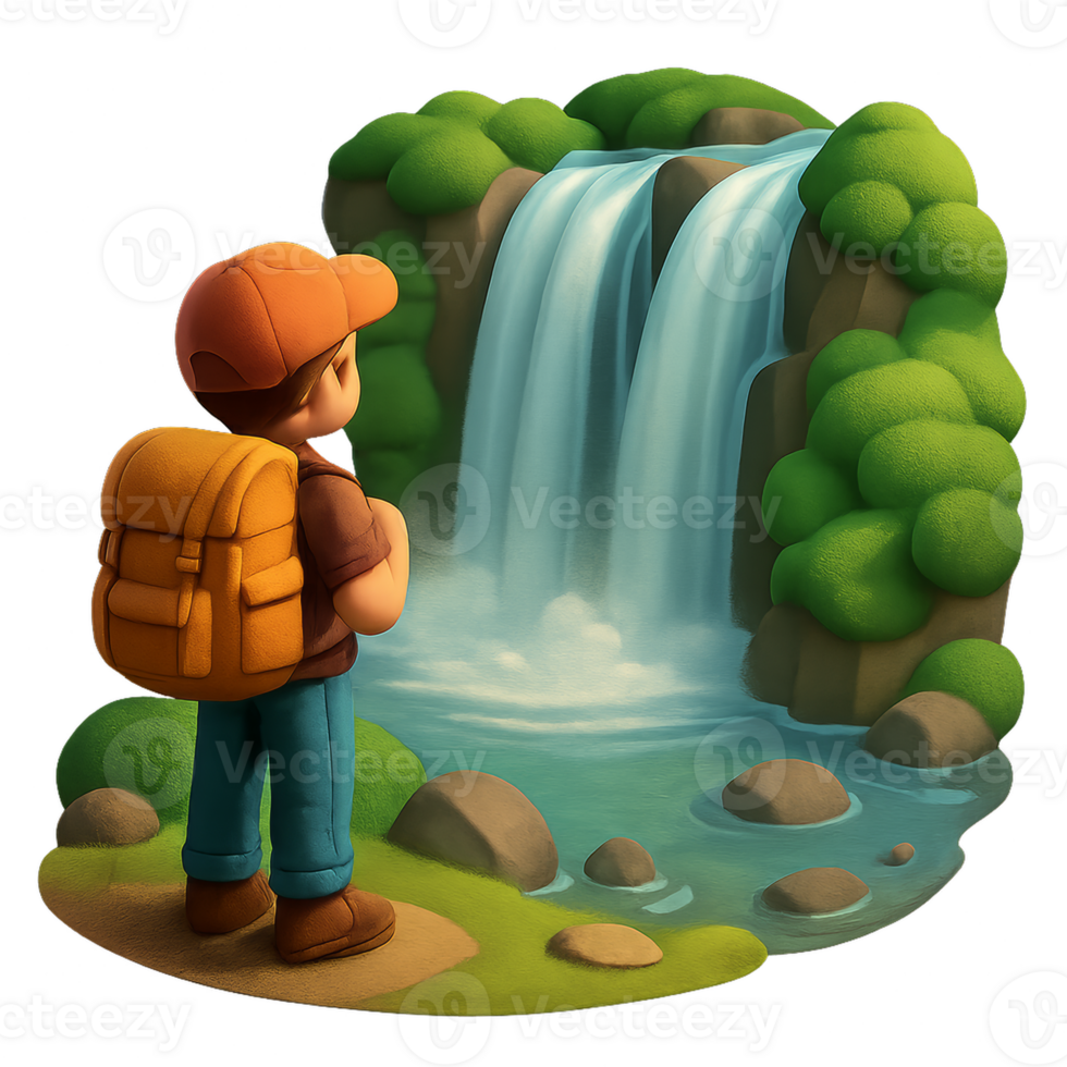 Tourist admiring a beautiful waterfall in a serene landscape png