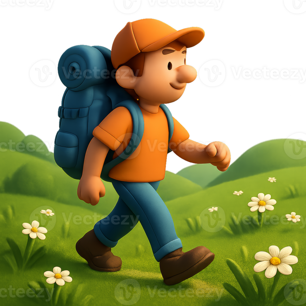 Cheerful Backpacker Walking Through a Vibrant Green Meadow png