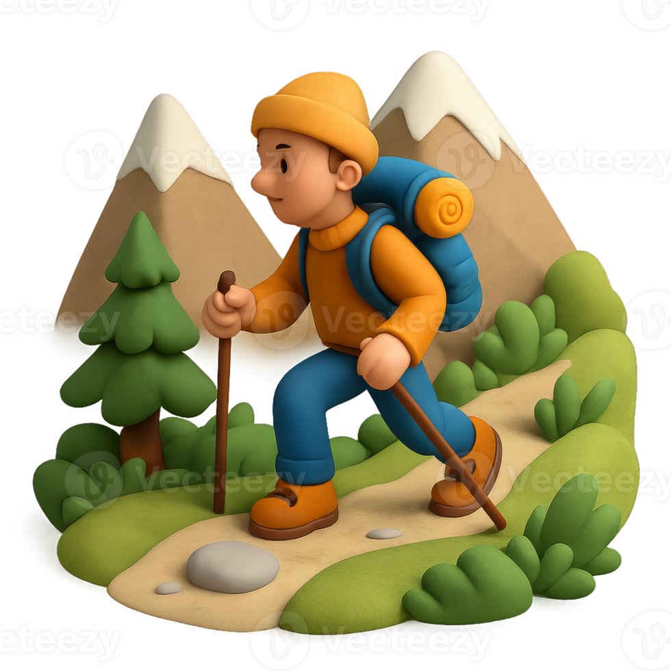 Cheerful Hiker Climbing Mountain Trail in Bright 3D Animation Style png
