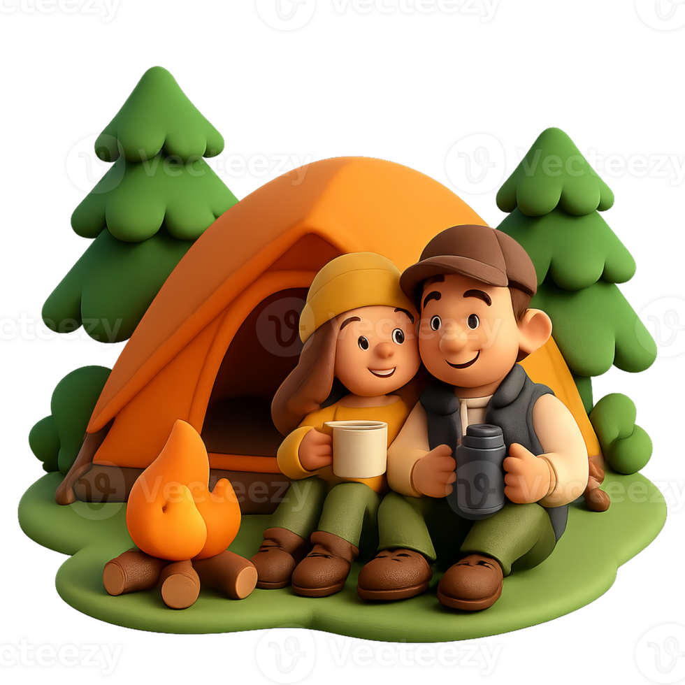 Happy Couple Camping in Forest with Tent and Campfire Scene png