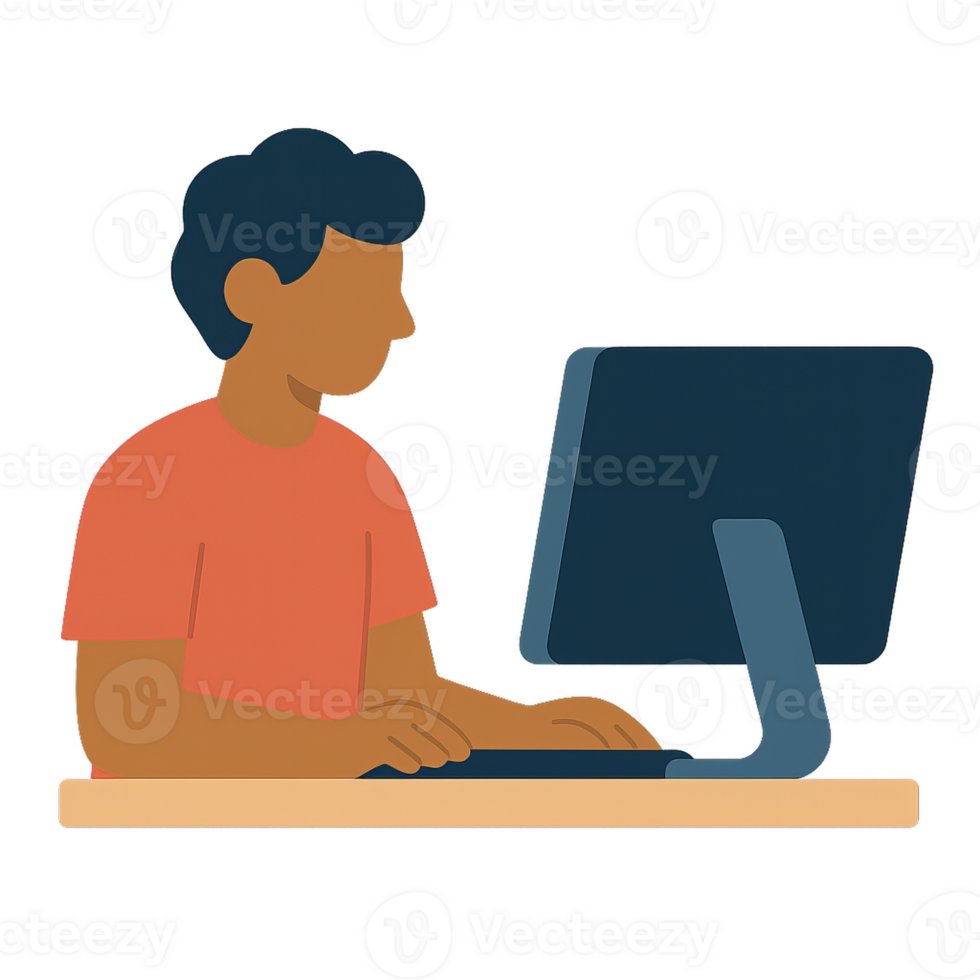 Person Working at Computer in Simple Home Office Setup png