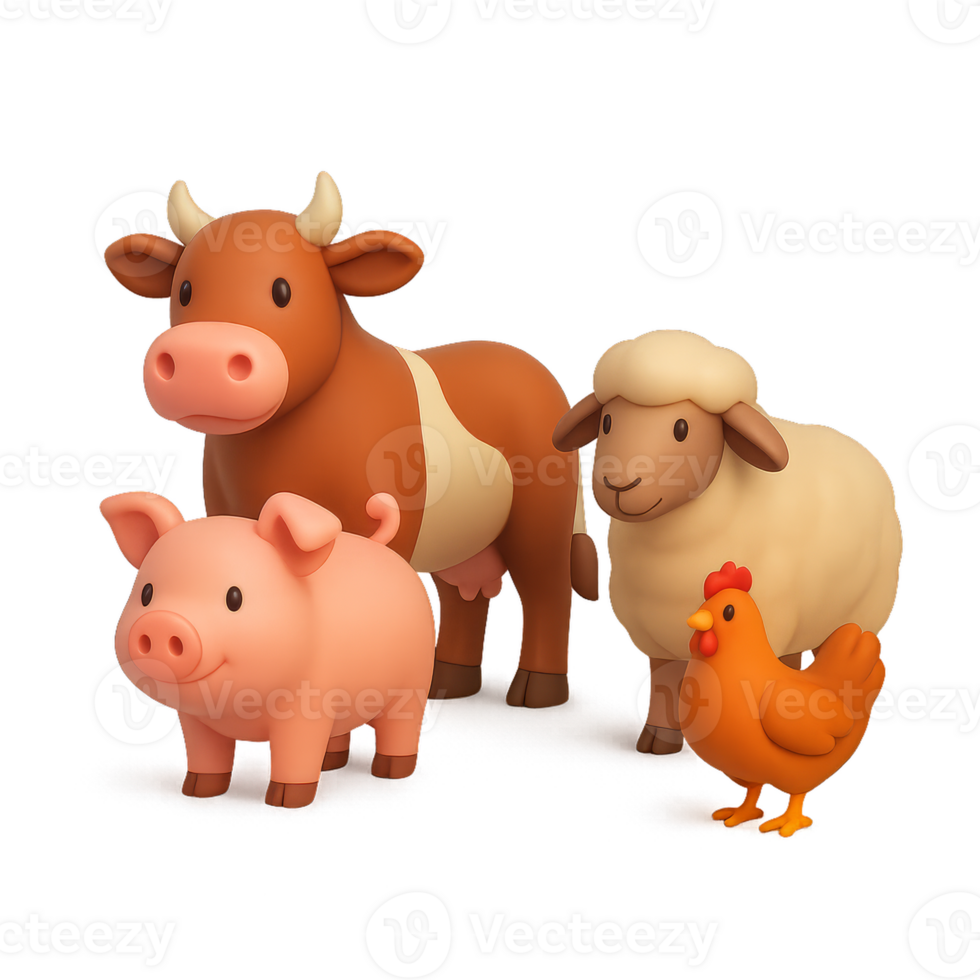 Colorful 3D Cartoon Animals Including Cow, Pig, Sheep, and Chicken png