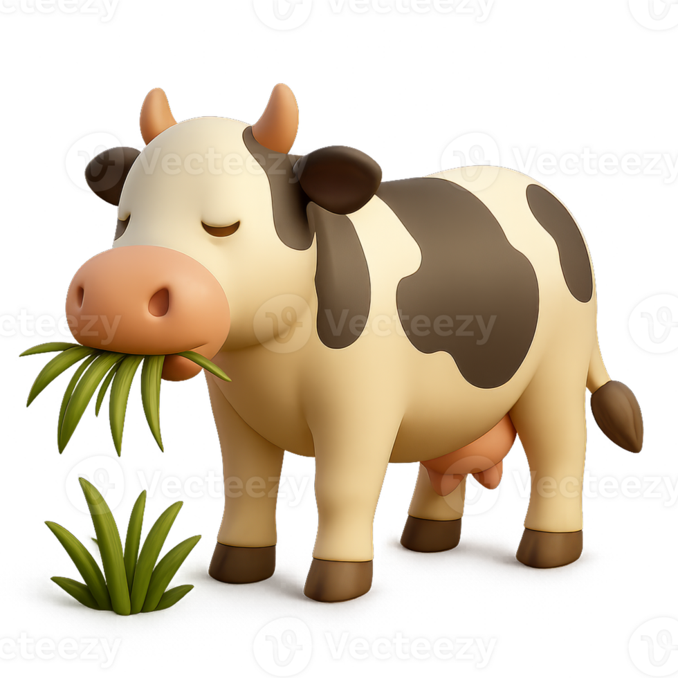 Cute 3D Cow Grazing on Grass in Simple Cartoon Style png