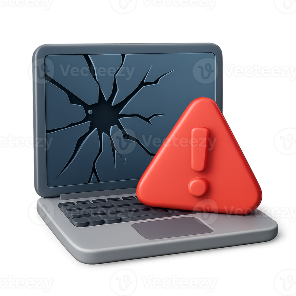Broken Laptop with Alert Icon Indicating Technical Issue png