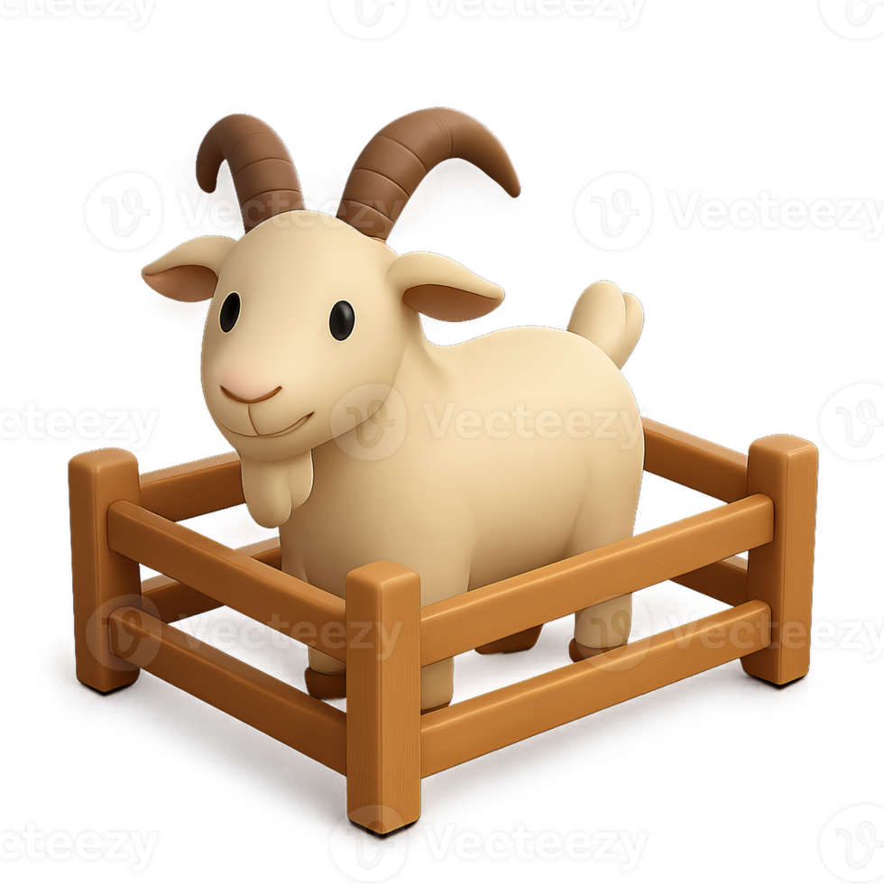 Cute 3D Cartoon Goat in Simple Wooden Pen Illustration png