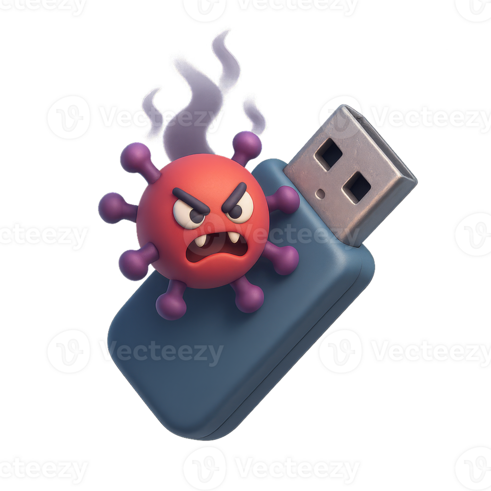 Virus Infecting USB Drive with Angry Expression and Smoke Effects png