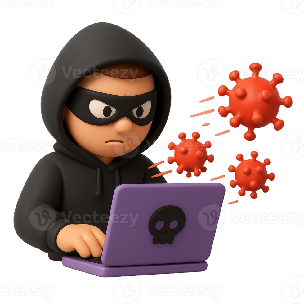 Hacker with Laptop and Virus Transmission in Digital Environment png