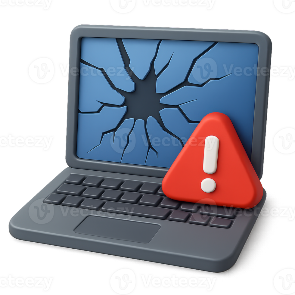 Broken Laptop Alert with Warning Sign and Cracked Screen Graphics png