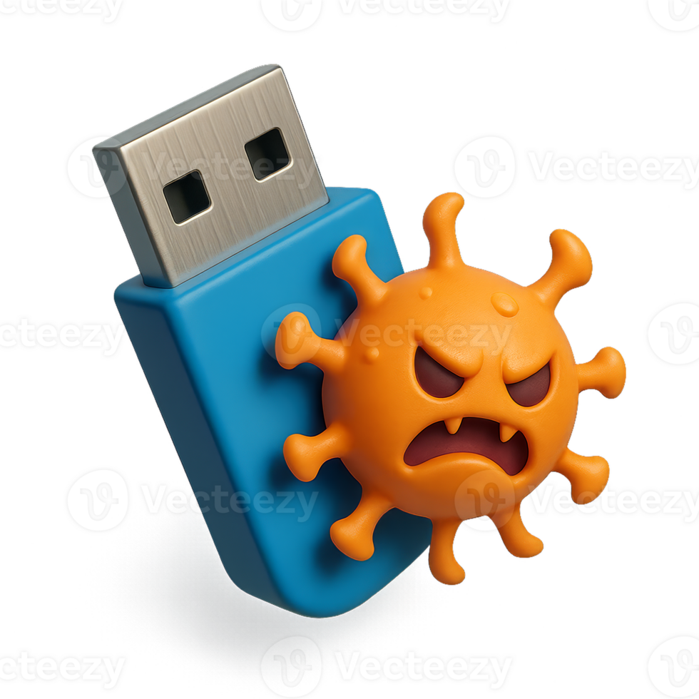 USB Drive with Virus Character Symbolizing Cybersecurity Threats png