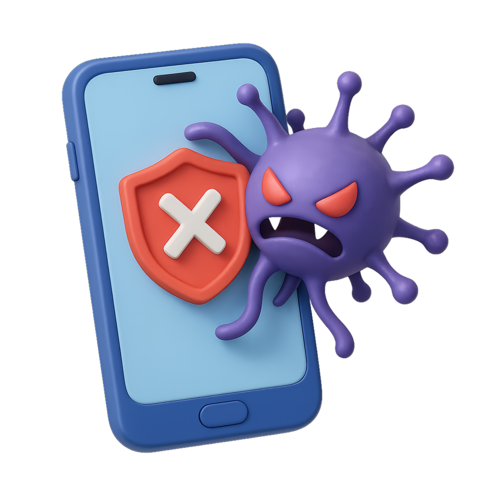 Mobile Virus Attack Illustration with Shield and Angry Character png
