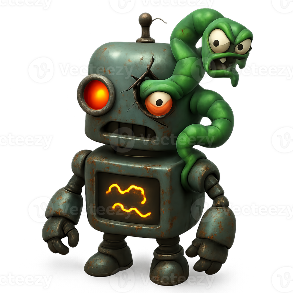 Infected 3D Robot Character with Angry Worm Animation Elements png