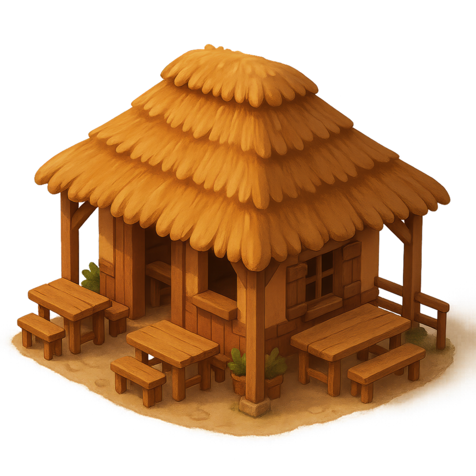 Charming Countryside Restaurant with Rustic Straw Roof Design png