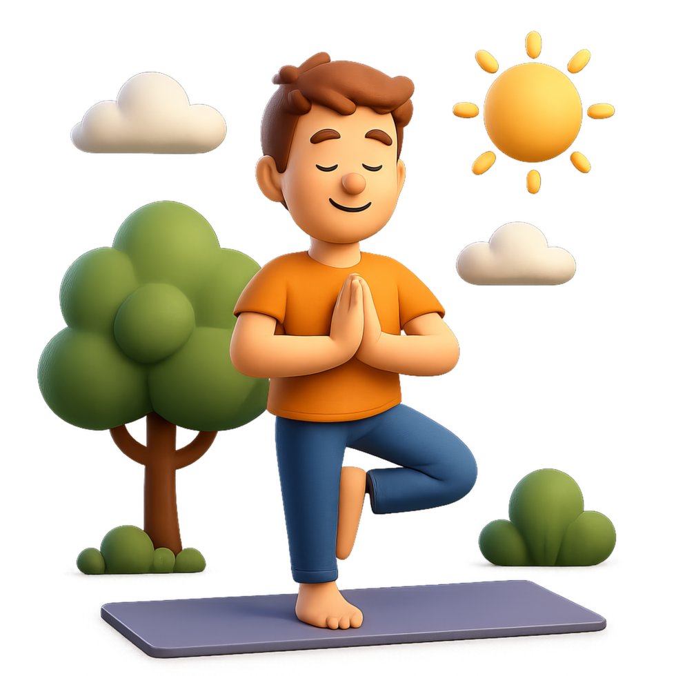 Tranquil Morning Yoga Session in Nature with Cartoon Character png