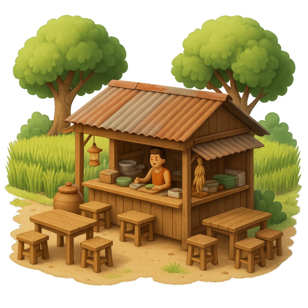 Rustic Rural Eatery Oasis with Simple Wooden Seating and Nature png