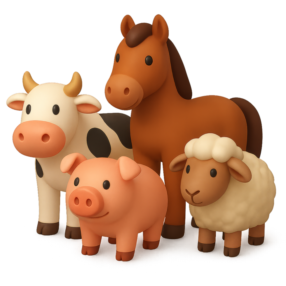 Colorful 3D Cartoon Animals Representing Farm Livestock in Simple Style png