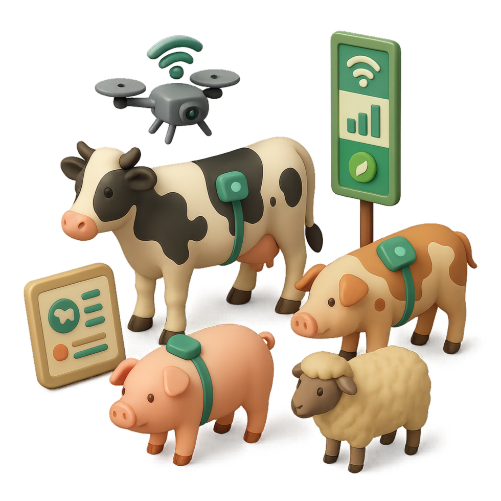Smart Farm Livestock Technology with Colorful Animals and Drone png