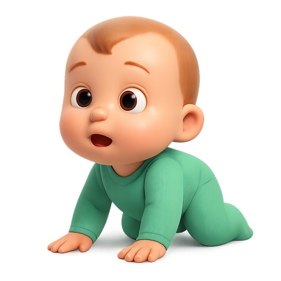 Cute Baby Crawling in Light Green Outfit, Joyful Expression, Close-Up png