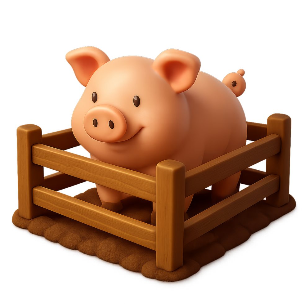 Cute 3D Pig in a Simple Pen Surrounded by Soft Ground png