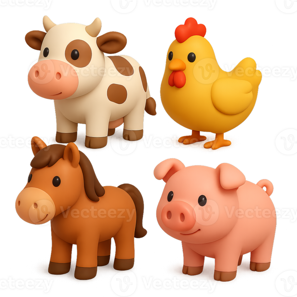 Adorable 3D Farm Animals in Simple Cartoon Style for Kids png