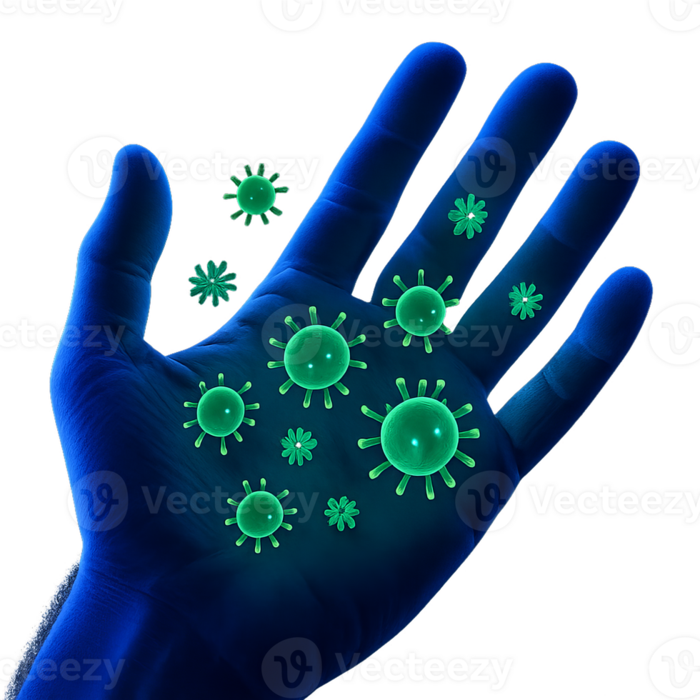 Visual Representation of Germs on a Human Hand with UV Light Effects png