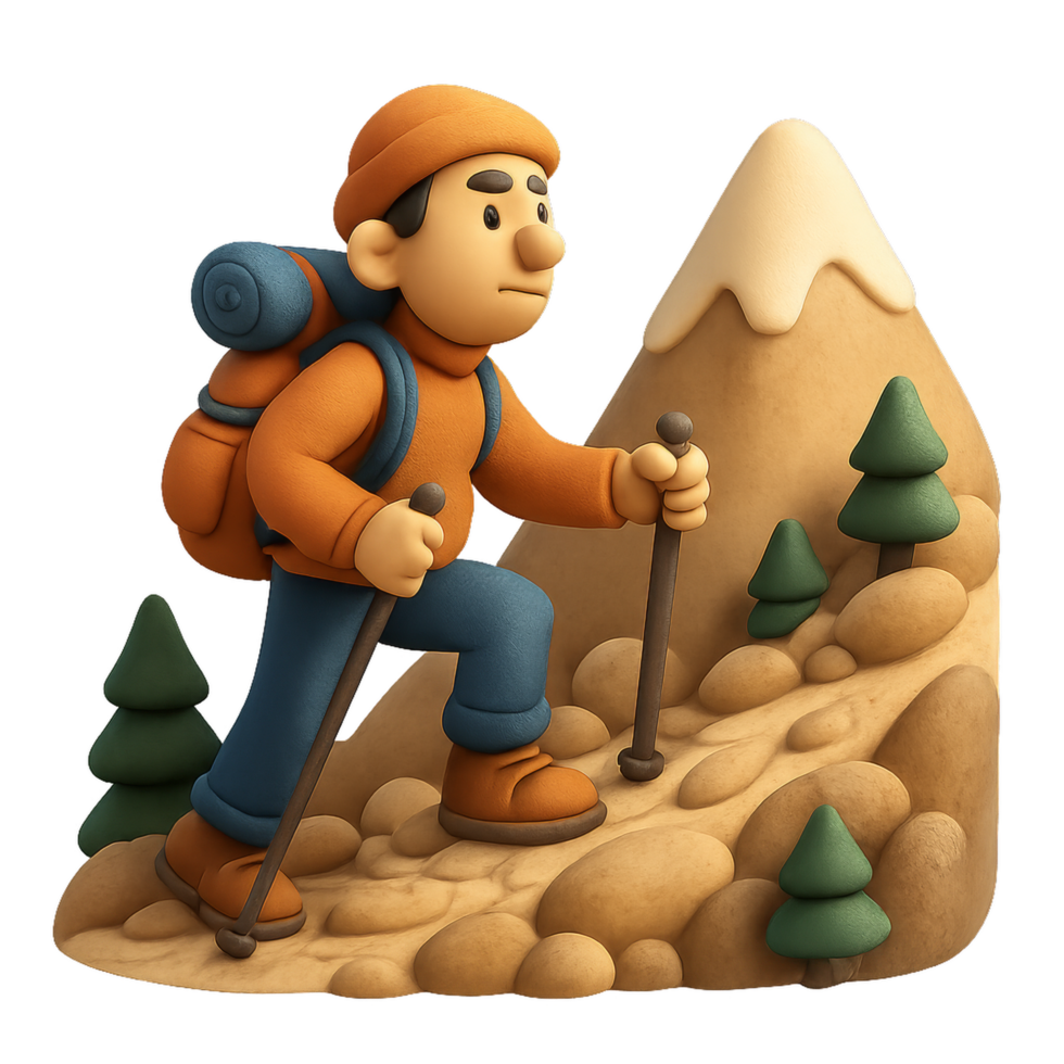 3D Mountain Hiker on Trail Surrounded by Stylized Nature Elements png