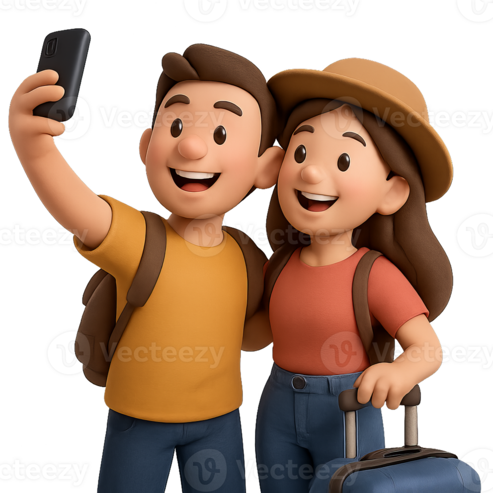 Happy Travelers Taking Selfie with Luggage in 3D Style png
