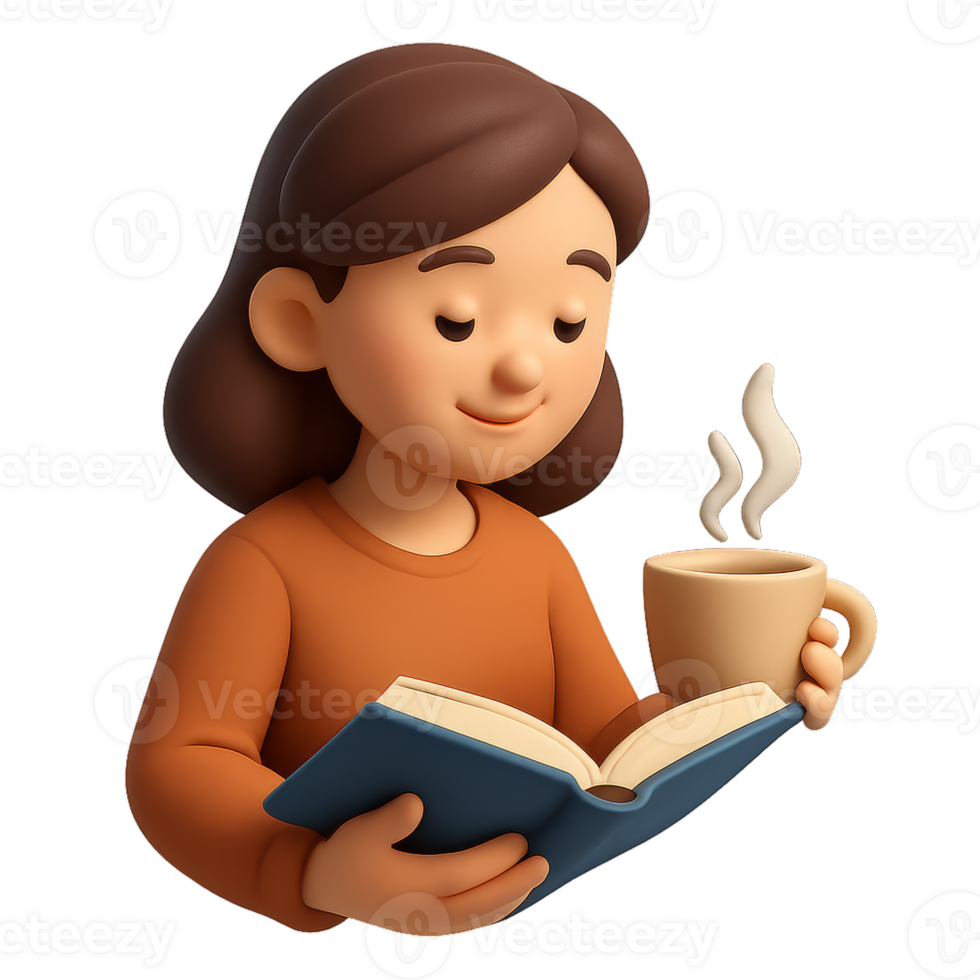 Woman Enjoys Reading Book While Sipping Tea in Cozy Environment png