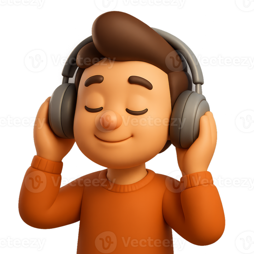 Cheerful 3D Character Enjoying Music with Headphones on png