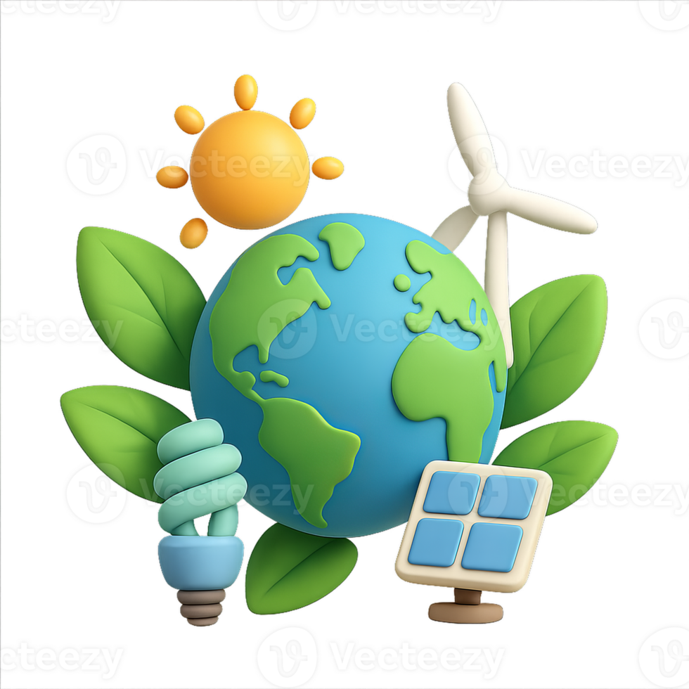 Eco-Friendly Globe with Sun, Wind Turbines, and Green Elements png