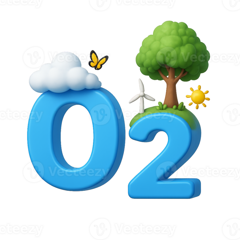 Bright 3D O2 Design with Nature Elements for Eco-Friendly Concepts png