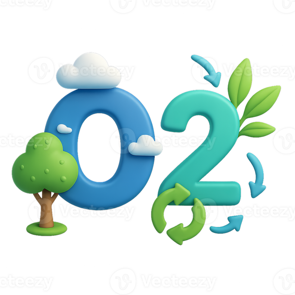 Creative 3D O2 Design with Trees and Clouds for Eco-Friendly Themes png