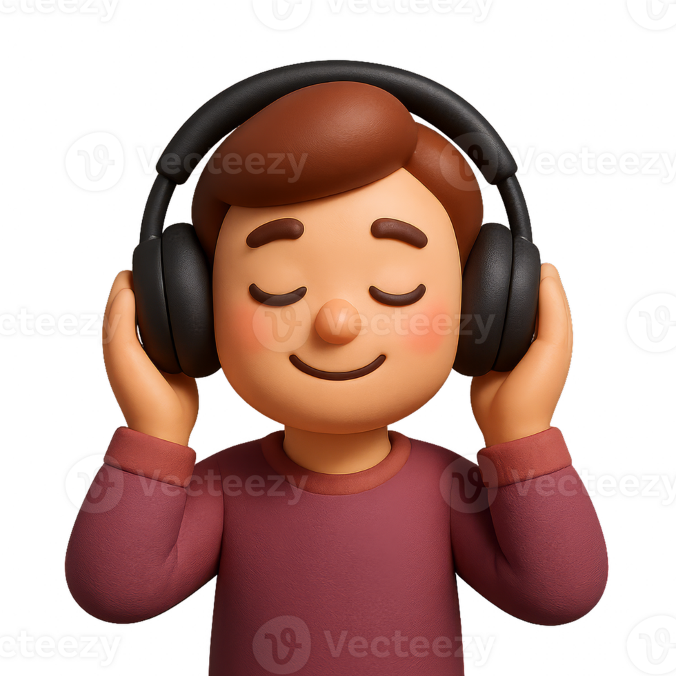 Simple 3D Character Enjoying Music with Headphones in Relaxed Mood png