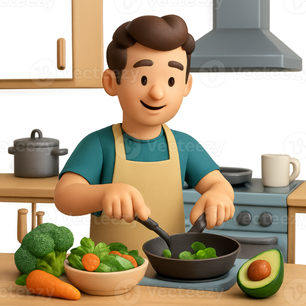 3D Cooking Scene with Character Preparing Fresh Vegetables png