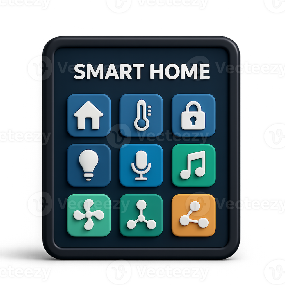 3D Smart Home Interface with Simple Navigation Icons and Controls png