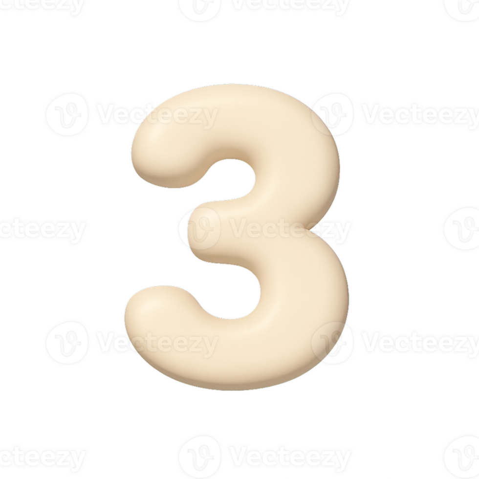 Simple 3D Front View of Number Three in Light Beige Color png