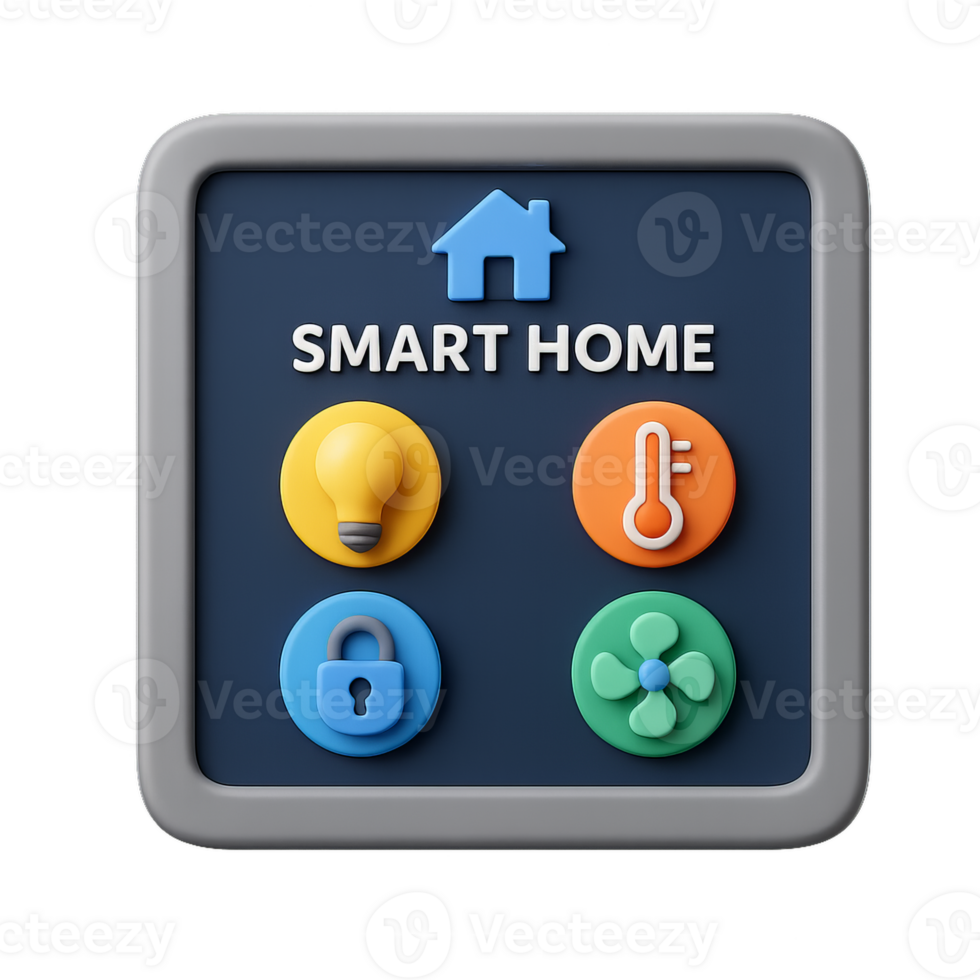 Interactive Smart Home Interface with Colorful Icons and Features png