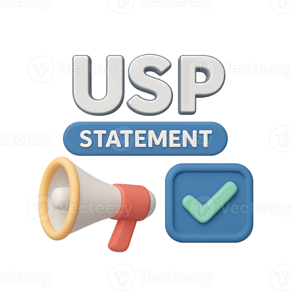 3D Representation of USP Statement with Megaphone and Checkmark Icon png