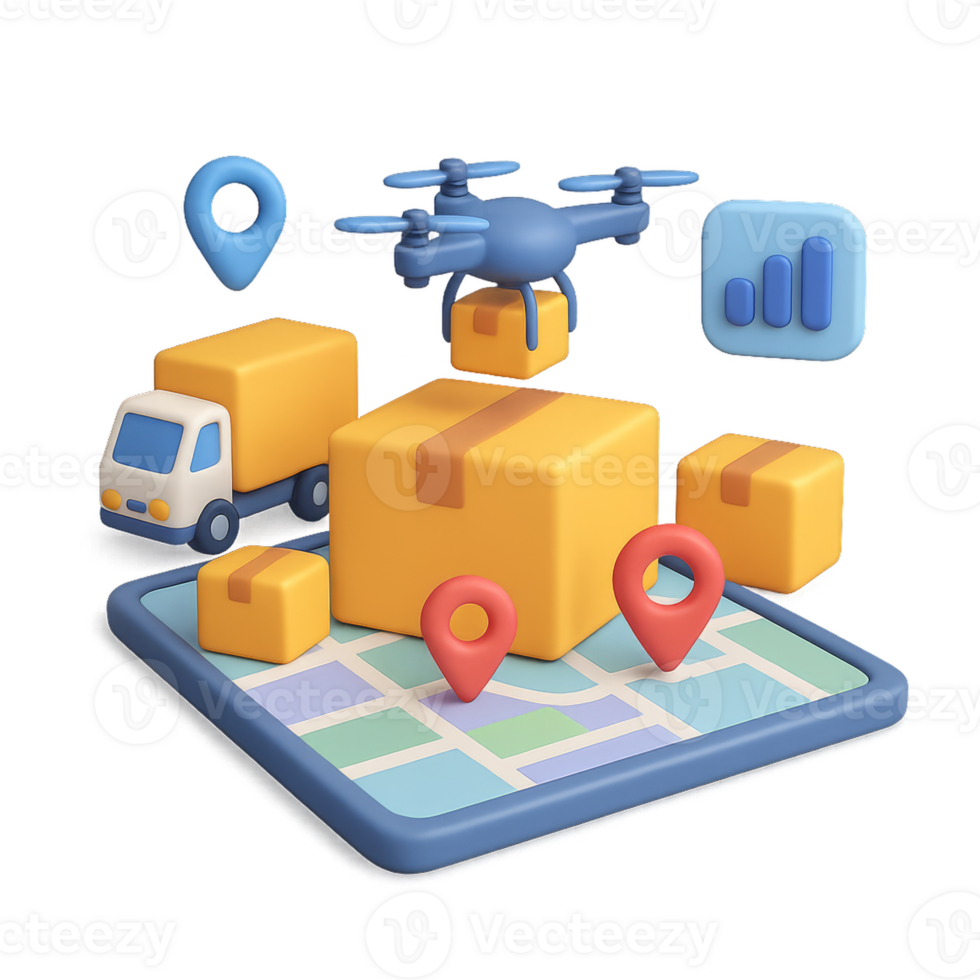 3D Logistic Design with Delivery Truck and Drone in Simple Layout png