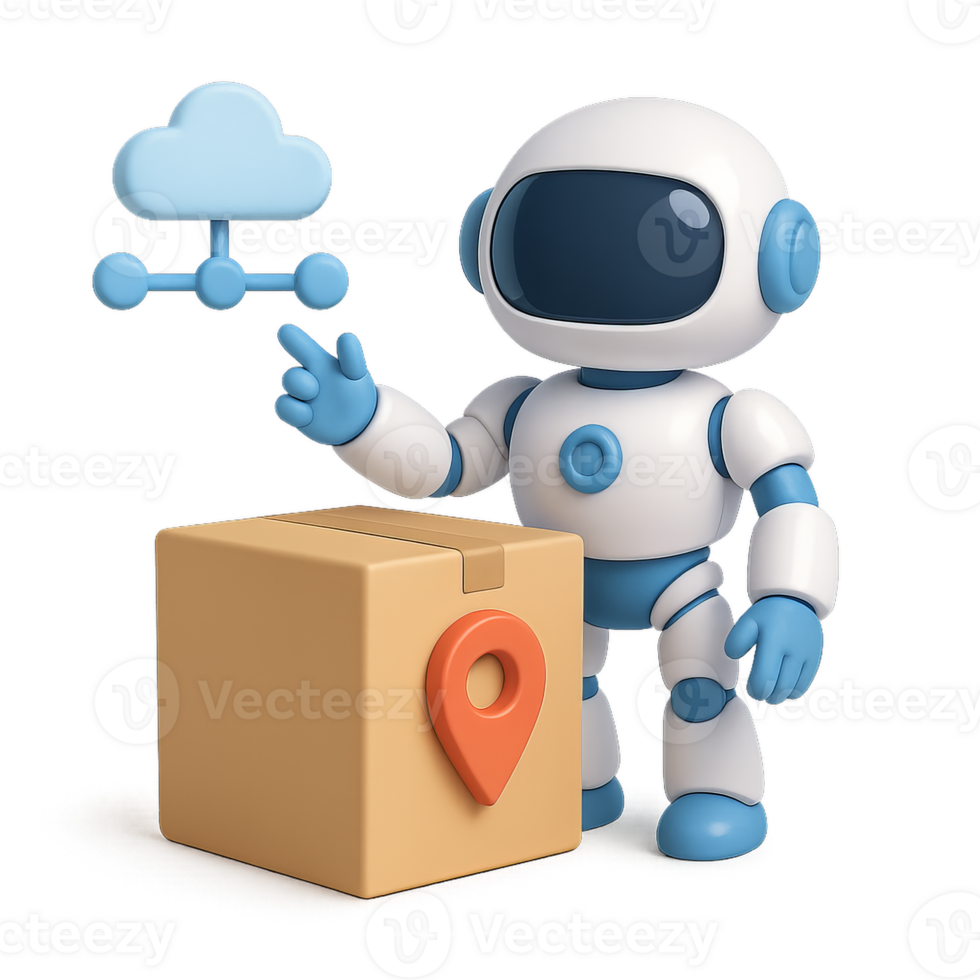 3D Robot with Box and Cloud for Logistic and Design Concept png