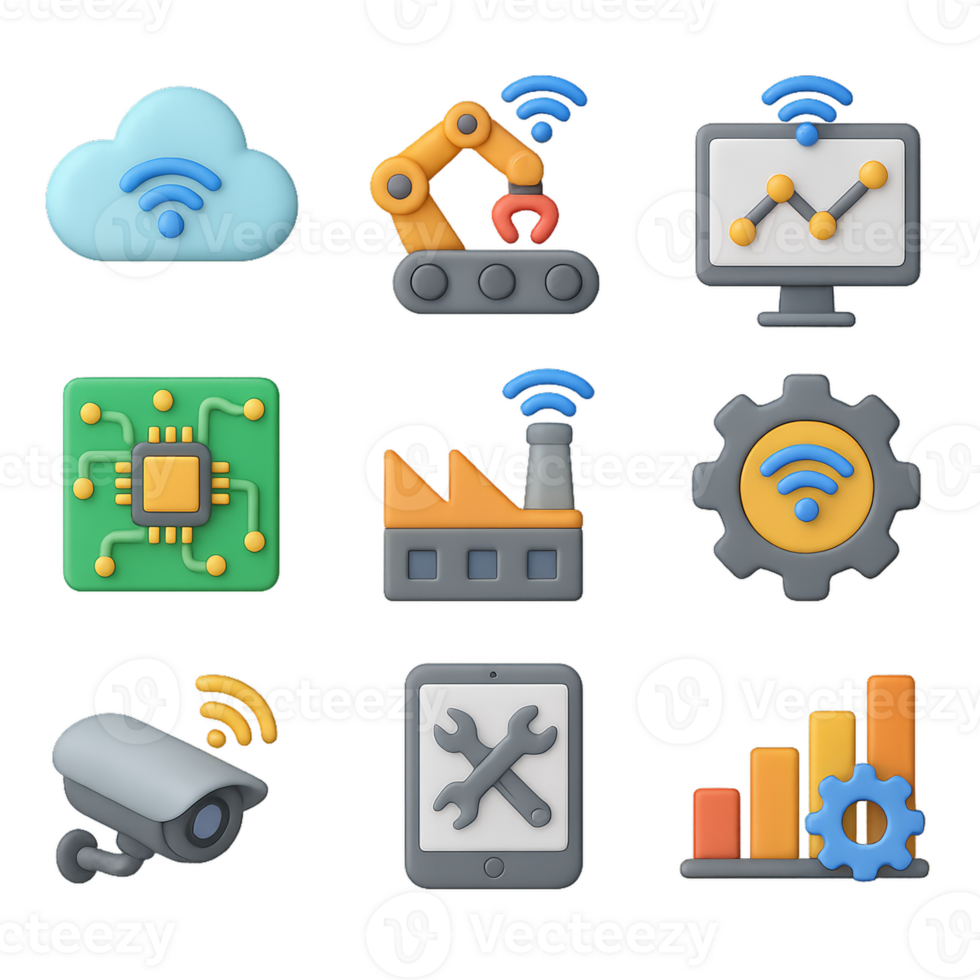 3D Industrial Icons for Technology and Networking Applications png