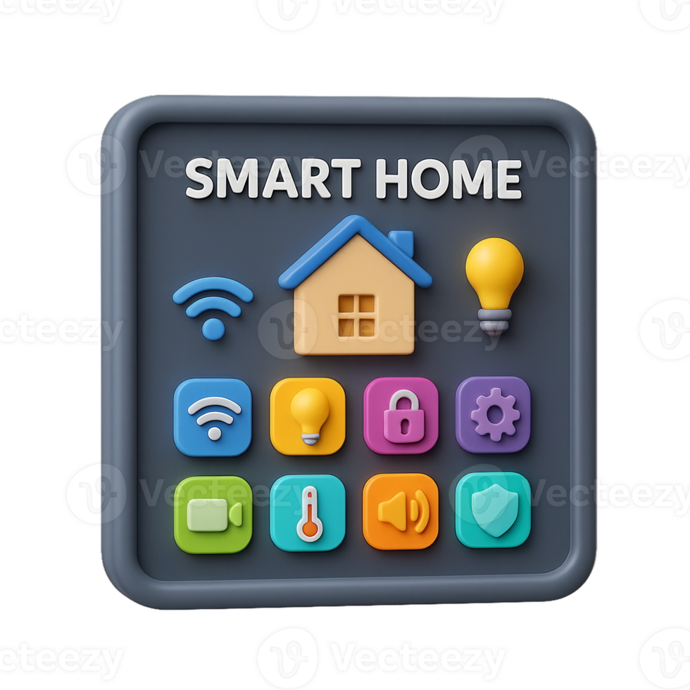 Colorful 3D Smart Home Interface with Icons and Features png