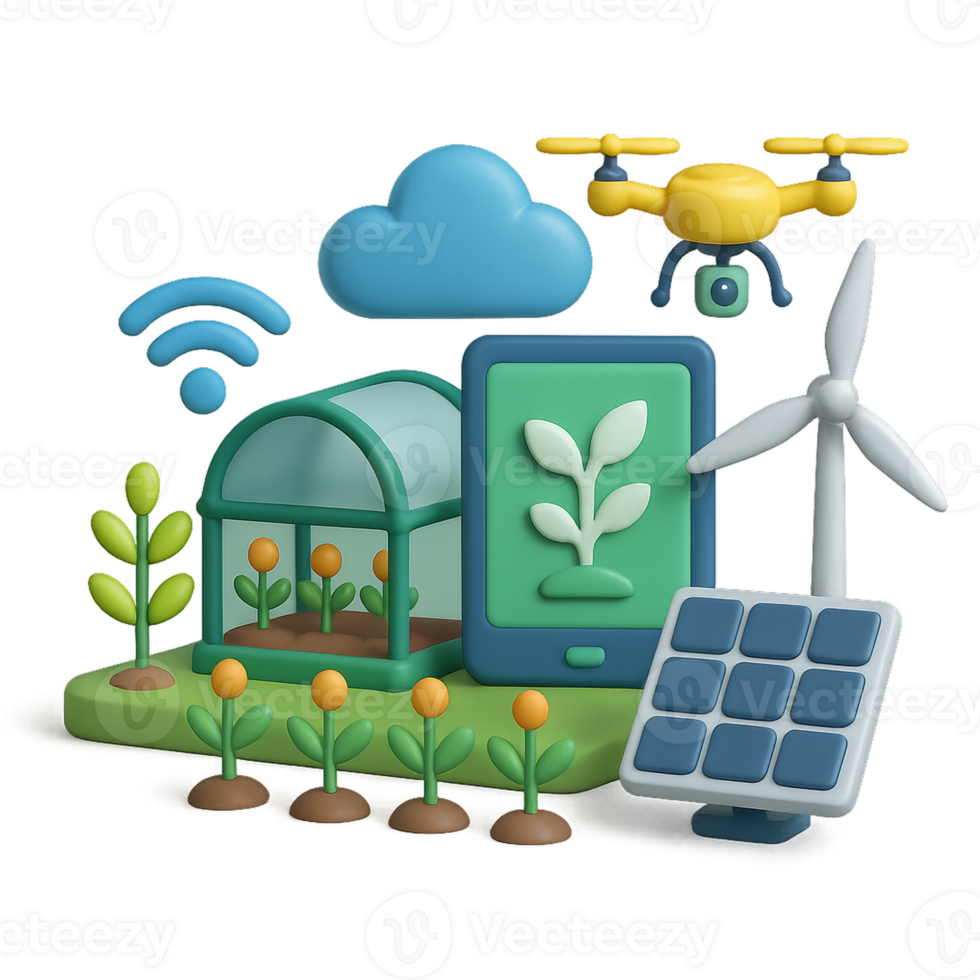 3D Smart Farm Design Concept with Drone, Plants, and Technology png