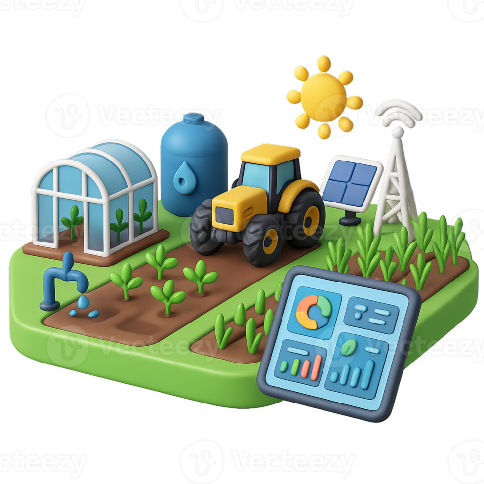 3D Smart Farm Design with Tractor, Solar Panel, and Greenhouse Elements png