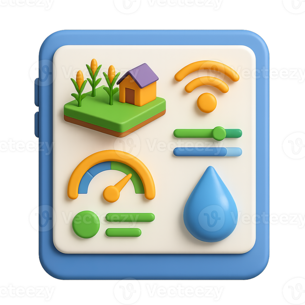 3D Smart Farm Display with Simple Controls and Colorful Icons png