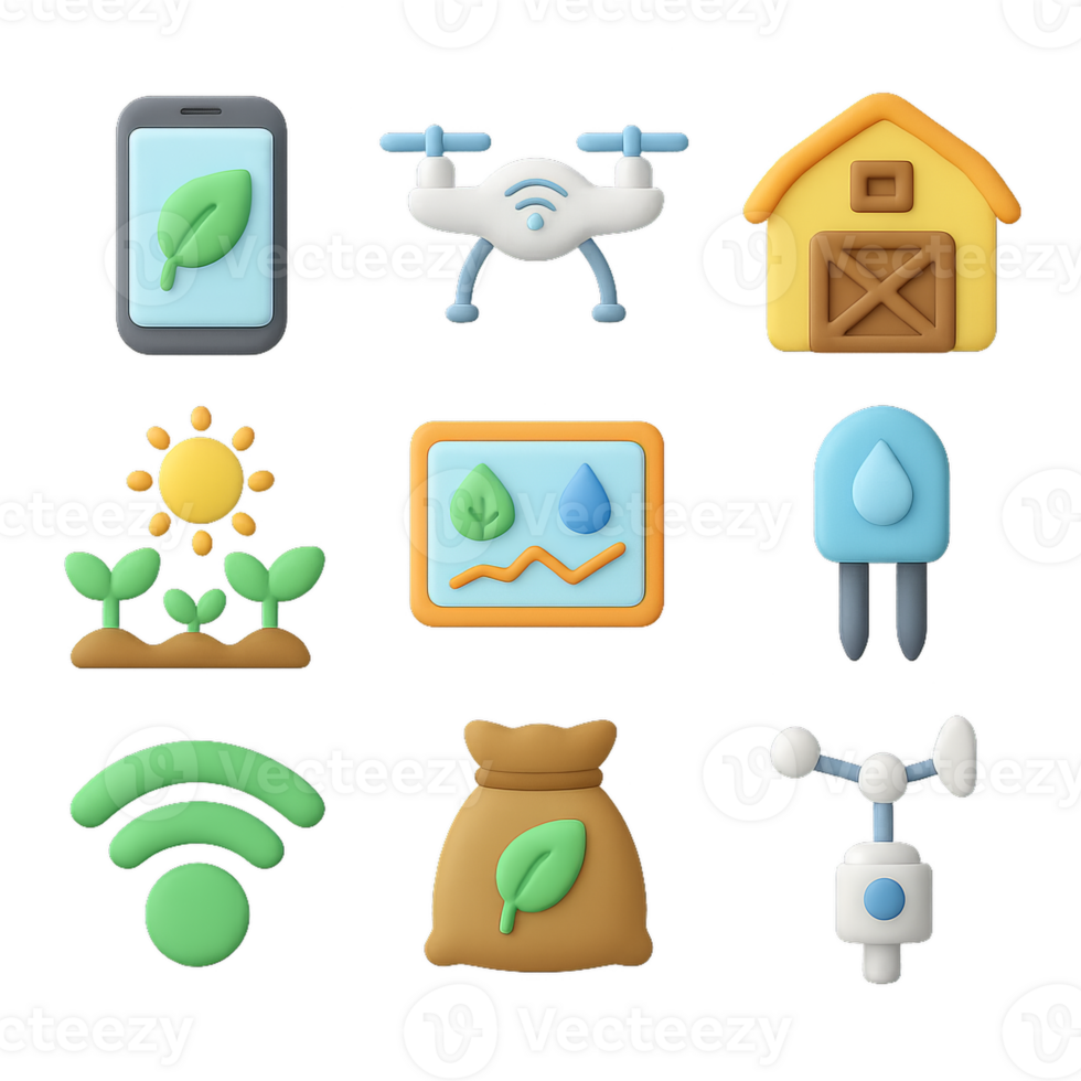 Colorful 3D Icons Representing Farm Themes and Technology Elements png