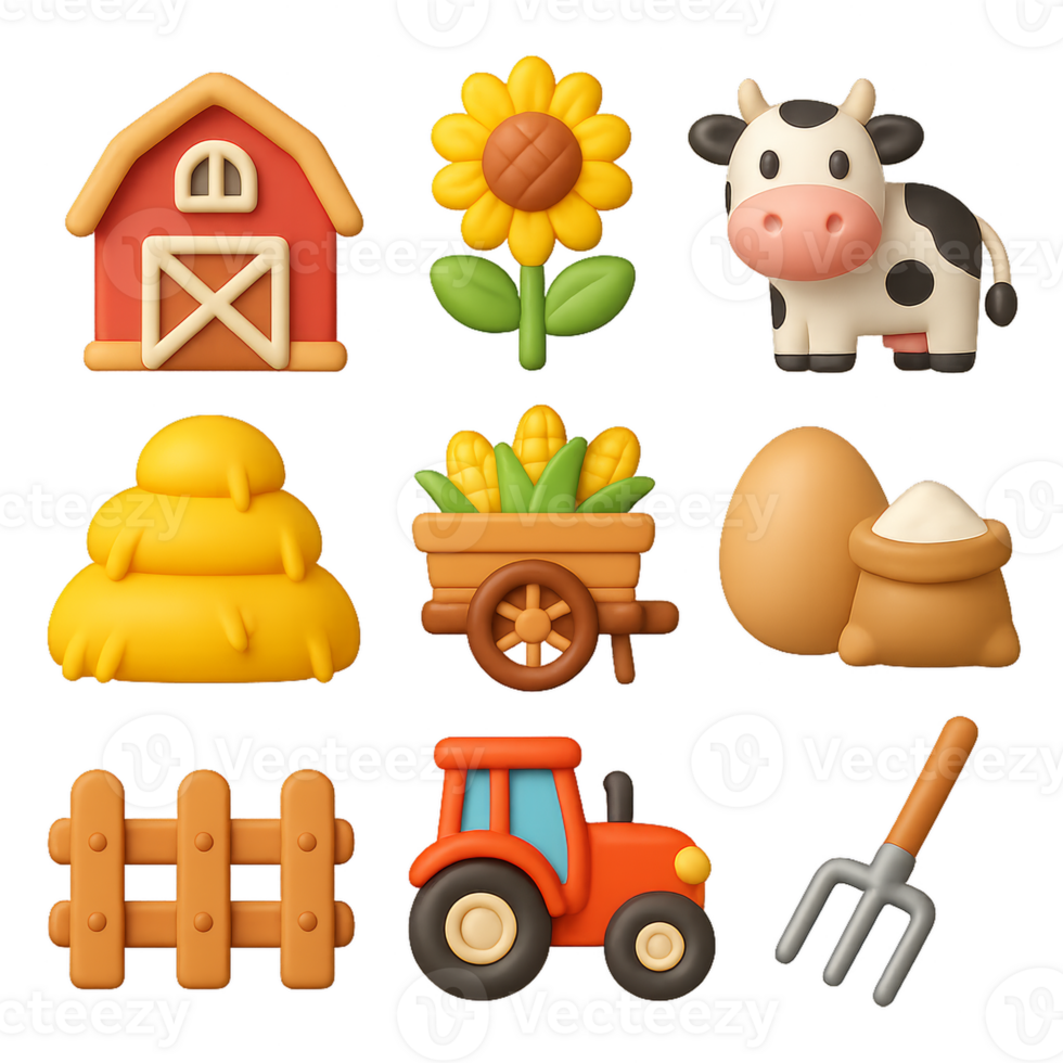 Colorful 3D Farm Icons Featuring Barn, Cow, and Sunflower Elements png