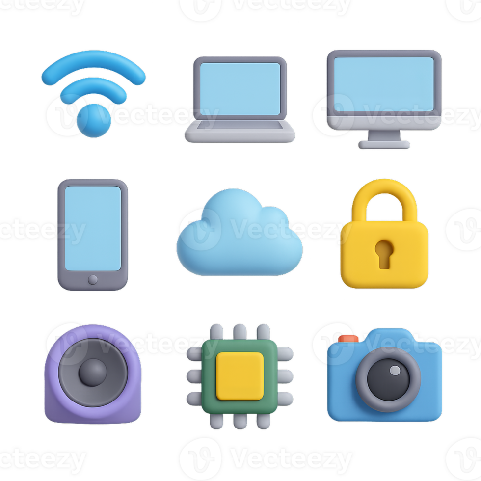 3D Tech Icons Collection Featuring Simple Designs for Modern Use png