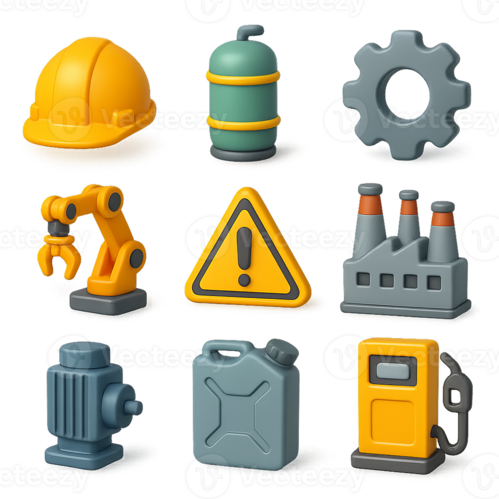 3D Icons of Industrial Equipment and Safety Symbols for Use png