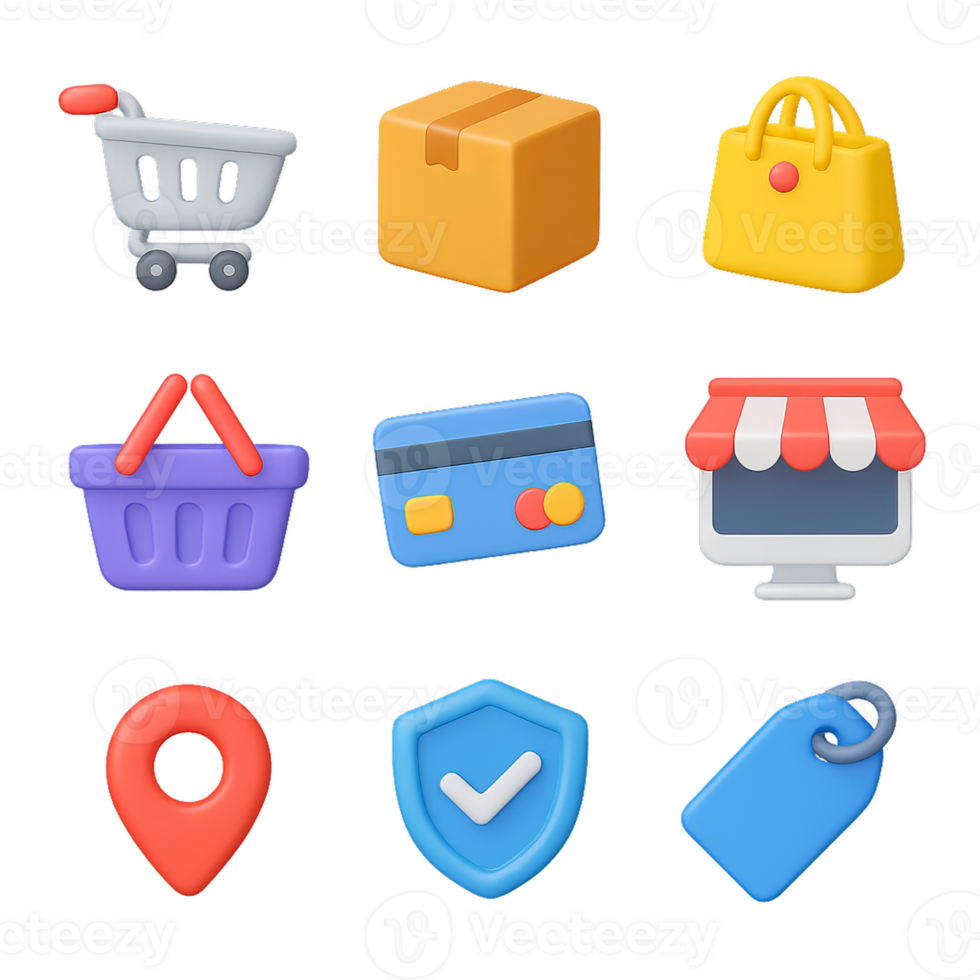 Colorful 3D Icons for Online Shopping and E-commerce Applications png